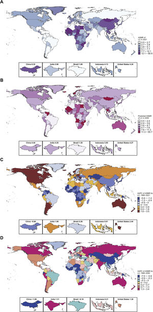 (A) ASMR in 2021, (B) ASMR in 2050, (C) AAPC of ASMR from 1990 to 2021, (D) AAPC of ASMR from 1990 to 2050. AAPC: Average annual percent change; ASMR: Age-standardized mortality rate; LC: Liver cancer; UI: uncertainty interval.