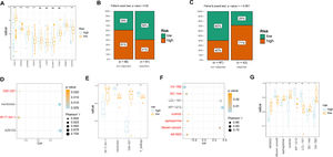 Analysis of drug sensitivity in high/low risk of HCC. (A) The expression levels of different drug targets in the high and low-risk models. (B) Comparison of the therapeutic effects of TACE treatment between the high and low-risk groups using GSE104580. (C) Comparison of the therapeutic effects of sorafenib treatment between the high and low-risk groups using GSE0109211. (D) Comparison of drug correlations related to high and low-risk groups in GDSC. (E) Comparison of drug differences related to high and low-risk groups in GDSC. (F) (D) Comparison of drug correlations related to high and low-risk groups in PRISM2. (G) Comparison of drug differences related to high and low-risk groups in PRISM2.