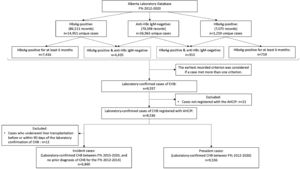 Flow chart illustrating data sources, case definitions and exclusion criteria to identify laboratory-confirmed incident and prevalent cases of chronic hepatitis B in Alberta between fiscal years 2012-2020. Abbreviations: AHCIP, Alberta Health Care Insurance Plan; anti-HBc IgM, Immunoglobulin M antibody to hepatitis B core antigen; CHB, Chronic hepatitis B; FYs, Fiscal years; HBeAg, Hepatitis B e antigen; HBsAg, Hepatitis B surface antigen.