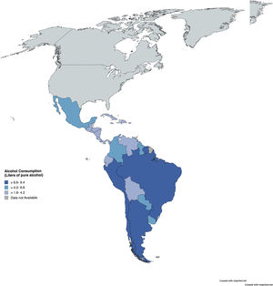 Impact of Alcohol Consumption in Latin America (1) . A. Total alcohol per capita consumption (in individuals aged 15 and older) in Latin America. B. Prevalence of alcohol use disorders (in individuals aged 15 and older) in Latin America.