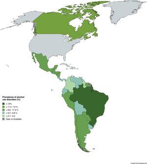 Impact of Alcohol Consumption in Latin America (1) . A. Total alcohol per capita consumption (in individuals aged 15 and older) in Latin America. B. Prevalence of alcohol use disorders (in individuals aged 15 and older) in Latin America.