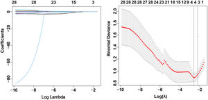 Least absolute shrinkage and selection operator (LASSO) regression for candidate biomarker selection.