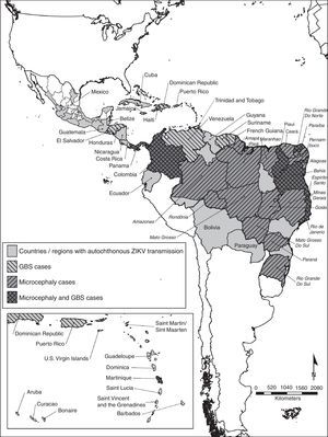 Countries and regions in the Americas with autochthonous Zika virus transmission and complications. The map illustrates the countries and regions where autochthonous Zika virus transmission is taking place. It also shows the countries where Guillain–Barré syndrome cases were reported, as well as confirmed microcephaly cases. Mexico and Brazil are divided by states. The Brazilian state names are in italics. Latin and Non Caribbean are not labeled due to the map resolution. Information updated April 28, 2016. ZIKV: Zika virus; GBS: Guillain–Barré syndrome.