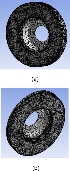 Meshing of the disc (a) full disc (172103 nodes -114421 elements) (b) ventilated disc (154679 nodes- 94117 elements).