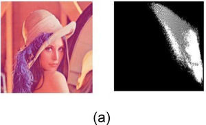 2D R-G histograms. (a) Watermarked image without attack. (b) Rotation of 75° with auto-crop. (c) Centered cropped image 40%. (d) Cropped by 40% and re-scaling to 512×512. (e) JPEG with QF=50.
