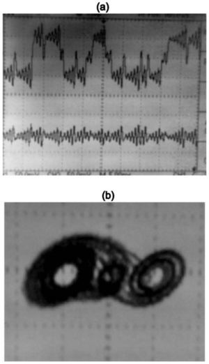(a) Master states (x1, x2), and (b) their phase diagram with 50 mV/div.