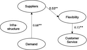 Structural model of demand, suppliers and infrastructure (**significant at 0.01. level).