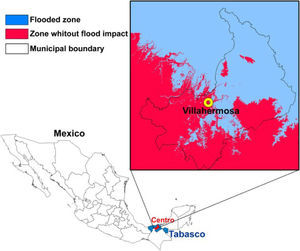 Flooded area of Villahermosa, Tabasco Mexico under a 2 m flooding scenario at the lowest point of the watershed (Mejia et al. (2012)).