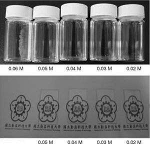 Solution samples of ZnO concentration from 0.06M to 0.02M, spin coating on the glass are transparent.
