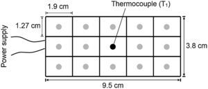 Locations of temperature measurement on the surface of the heating plate. The dark central point was taken as reference (T1).
