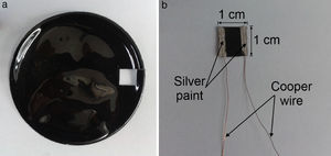 MWCNT/PSF composites for thermoresistive characterization using the constructed oven: (a) as-produced MWCNT/PSF wafer, (b) final specimen.