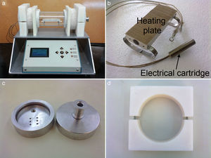 Photograph of the oven assembly: (a) Complete oven showing the main body (top) and control box (bottom), (b) heating plate and its electrical cartridge heater, (c) aluminum lids, (d) lid holder.