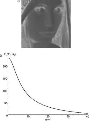More results obtained from contrast experiments in the (100×100) grayscale image function of reference: (a) image with modified contrast and (b) characteristic curve of the functional filter (5).