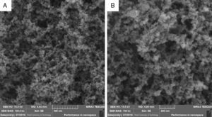FE-SEM images of silicon dioxide nanoparticles at: (A) 100.0kx and (B) 150.0kx.