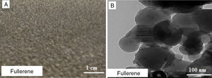 (A) Digital camera images for nanogrease made of 8wt% of fullerene, (B) TEM images fullerene used to make the nanogrease.