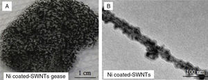 (A) Digital camera images for nanogrease made of 16.5wt% Ni-coated SWNTs, (B) TEM images Ni-coated SWNTs used to make the nanogrease.