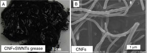 (A) Digital camera images for nanogrease made of a mixture of CNFs and SWNTs, (B) SEM image CNFs used to make the nanogrease.