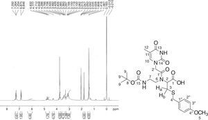1H NMR spectra of 2-[{2-(Thymin-1-yl)-acetyl}boc-aminoethylamino]-3-(4-methoxybenzylsulfanyl)-propionic acid (9).