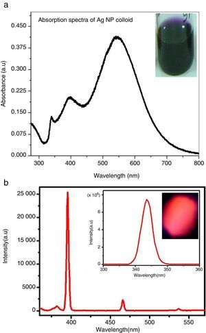(a) UV-visible absorption spectrum of Ag NP colloid, the inset shows the violet colloid of Ag nanoprisms; (b) PL excitation spectra at red emission, the inset shows the charge transfer excitation band at 343nm and the digital photograph of the GdVO4:Eu3+ powder sample under UV excitation.