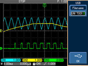 The sine wave reference and triangular wave carrier to the PWM comparator with the corresponding square pulse output.