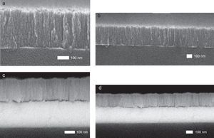 FESEM image of: vertical nano columnar CdS as nanostructure grown at α=80° on a glass substrate with a magnification of (a) 100,000× and (b) 50,000×. Vertical nano columnar CdS as nanostructure layer grown at α=80° on an indium tin oxide (ITO)-coated glass substrate with (c) 100,000× and (d) 50,000×.