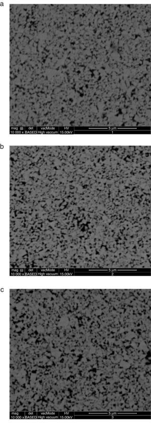 SEM backscattered electron images of the materials investigated. (a) Untreated, (b) annealed at 900°C, 80min and (c) annealed at 1100°C, 80min.