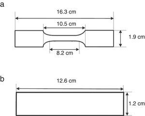 Sample dimensions of composite for (a) tensile test and (b) bending and hardness tests.