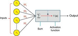 Simple neuron model: each input Xn is weighted by a factor Wn. The sum of all inputs is calculated ∑all inputsWnXn; then an activation function f is applied to the resultant a. The neural output is taken to be f(a); and f(a)=activation function (∑all inputsWnXn).