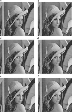 Grayscale image of lena for visual perception. (a) Original image, (b) image with Gaussian noise, σ=15, (c) Gaussian smoothing filter, (d) AFD filter, (e) AFI filter, (f) proposed FDZP 2D filter.