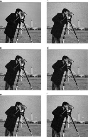Grayscale image of cameraman for visual perception: (a) original image, (b) image with Gaussian noise σ=25, (c) Gaussian smoothing filter, (d) AFD filter. (e) AFI filter, (f) proposed FDZP 2D filter.