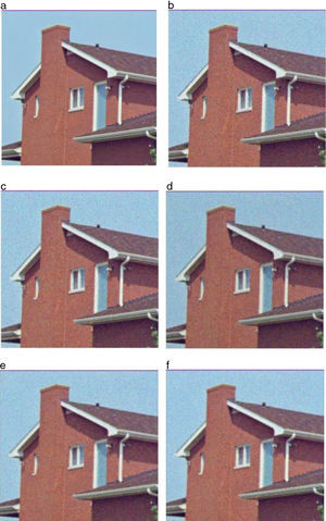 Color image of house for visual perception: (a) original image, (b) image with Gaussian noise σ=25, (c) Gaussian smoothing filter, (d) AFD filter, (e) AFI filter, (f) proposed FDZP 2D filter.