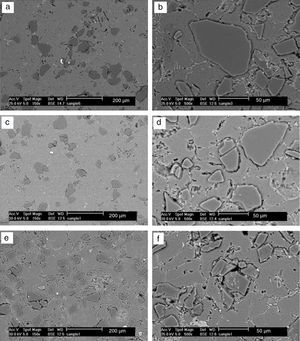 Cross sectional SEM microstructures of MMCs reinforced with 10 (a, b), 20 (c, d) and 25wt% SiCp (e, f) in low (left) and high (right) magnification.