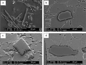 SEM micrographs showing the size of interdendritic eutectic silicon in (a) A356 alloy and MMCs containing, (b) 10, (c) 20, (d) 25wt% SiCp.