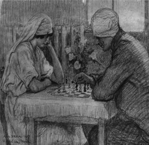 «Enfermera jugando al ajedrez con un soldado herido» obra del pintor francés Alexis Louis de Broca realizada en 1917.