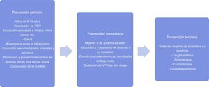 Acciones de prevención del cáncer cervicouterino por nivel de prevención. Adaptado de: Comprehensive cervical cancer prevention and control: a healthier future for girls and women. Geneva: World Health Organization; 2013.