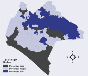 Porcentaje de hogares nucleares por municipio Chiapas 2010 Fuente: elaboración propia con datos del Coneval.