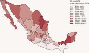 pib per cápita a precios constante, 2014 Fuente: inegi, Sistema de Cuentas Nacionales de México.