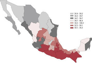 Porcentaje de la población en situación de Pobreza, 2014 Fuente: coneval, 2014.
