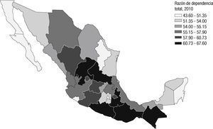 Razón de dependencia total, 2010 Fuente: Censos de Población y Vivienda.