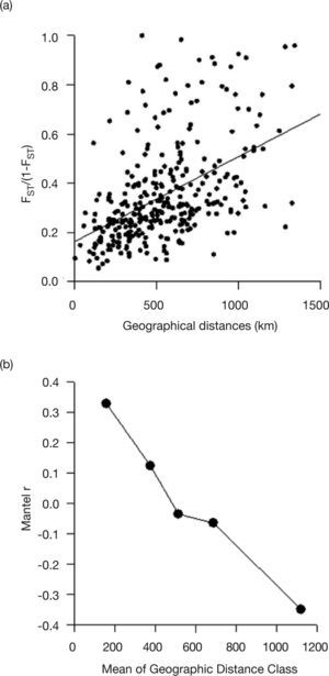 Relationship between pairwise FST and geographic distances (A) and correlogram for pairwise FST for 25 populations of D. alata in the Brazilian Cerrado (B). Mantel coefficients surrounded by a circle are significant at p<0.01.
