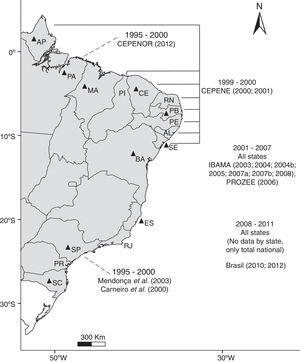 Landings of goliath grouper in Brazil. States: AP=Amapá, PA=Pará, MA=Maranhão, PI=Piauí, CE=Ceará, RN=Rio Grande do Norte, PB=Paraíba, PE=Pernambuco, AL=Alagoas, SE=Sergipe, BA=Bahia, ES=Espírito Santo, RJ=Rio de Janeiro, SP=São Paulo, PR=Paraná, and SC=Santa Catarina. Period in bold represent sampled years and below, references. ▴ States with reported landings see ref. Brasil and Ministério da Pesca e Aquicultura (2010, 2012), Carneiro et al. (2000), CEPENE (2000, 2001), CEPENOR (2012), IBAMA (2003), IBAMA (2004a, 2004b, 2005, 2008), Mendonça et al. (2003) and PROZEE (2006).