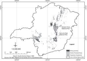 Mining activities and strictly protected areas in rupestrian grasslands in Minas Gerais State. The information about mining activities was obtained from Geographic Information System Mining (SIGMINE) provided by National Department of Mineral Production (DNPM). We use data of current, required and granted mining concession.
