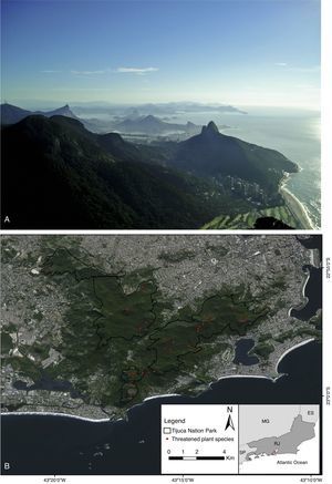 (A) View from the Tijuca National Park, the largest urban forest in the world. Photo: Pablo Viany Prieto. (B) Occurrence records for 67 threatened plant species in the Tijuca National Park, Rio de Janeiro, Brazil.