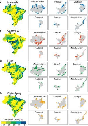 Top 17% priority based on taxonomic diversity of mammals, carnivores, birds and birds of prey for Brazil and each Brazilian biome.