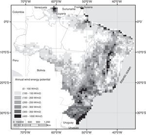 Estimated annual wind energy potential (in W/m2) in Brazil, based on data from Atlas do Potencial Eólico do Brasil (Amarante et al., 2001). Data presented in cells with 0.5° of latitude×0.5° of longitude.