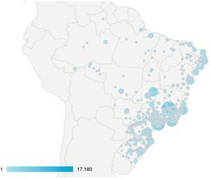 Distribution of accesses by municipalities in Brazil. Circle size indicates the proportion of hits. Color density indicates the total number of hits with identified origin.