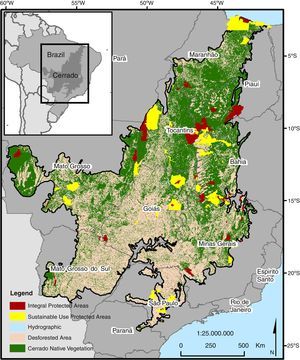 Deforested area in the Brazilian Cerrado and its protected areas (Integral Protection in brown; Sustainable Use in yellow).