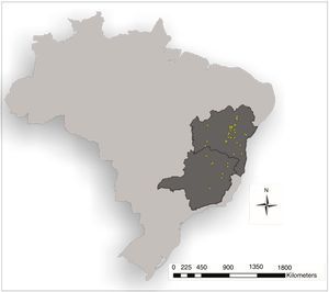 Natural occurrence points of Aristolochia gigantea from Bahia and Minas Gerais in Brazil, South America.