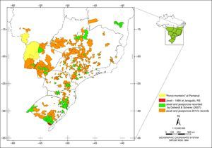 Distribution of feral pig populations and its varieties in Brazil. It first invaded Pantanal ecosystem, where they are locally known as “porco-monteiro” (yellow). Wild boars appeared in Jaguarão-RS in 1989 (red), coming from Uruguay. The records from 2007 (green) are from Deberdt and Scherer (2007), and indicate all feral swine forms. The present work gathered records in the year of 2014 (orange). For complete list of the municipalities, see supplementary material.