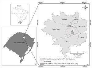Study area location: National Forest of the Passo Fundo, RS, buffer zone and the boundaries of the municipalities surrounding the Protected Area.